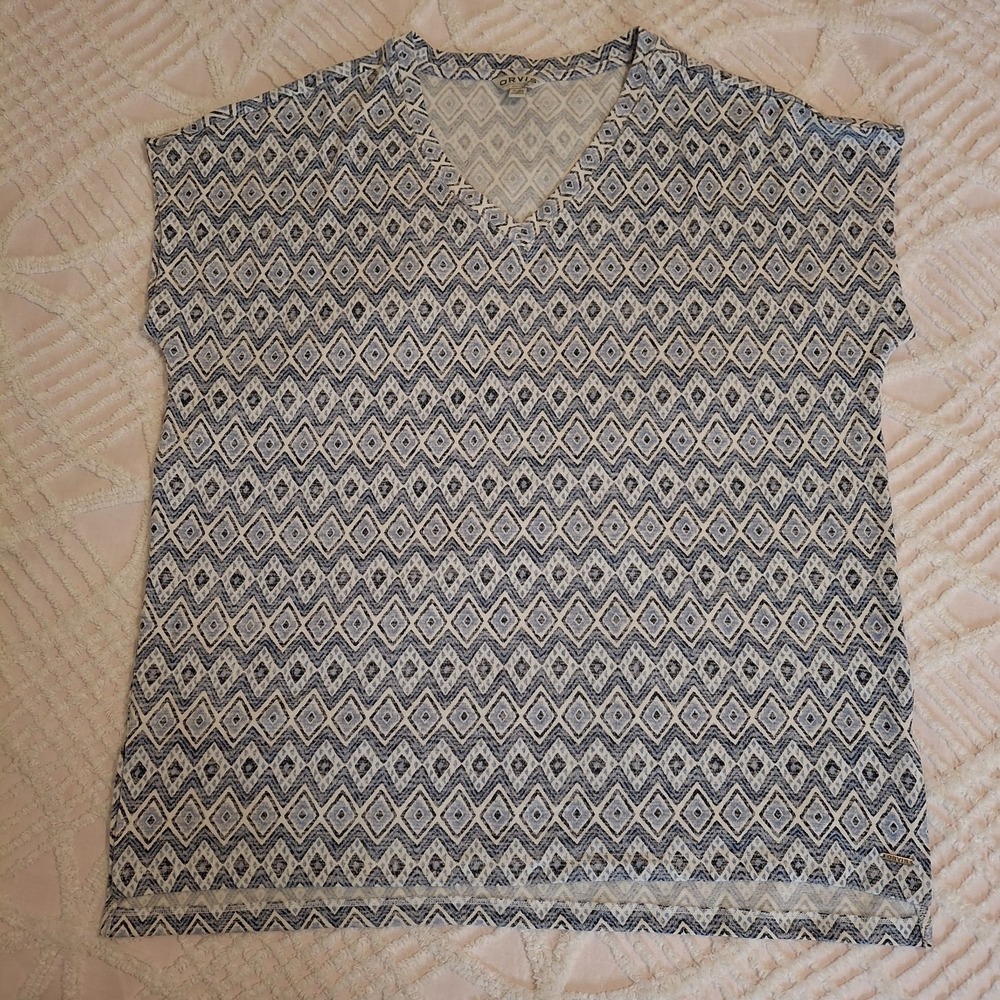 Orvis Womens XL Tunic Top Blue Geometric Diamond‎ V-Neck Short Sleeve Stretch